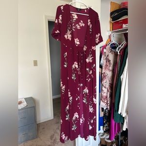 Lulus September Sunsets Burgundy Floral Print Wrap Maxi Dress Size XS